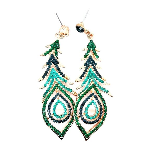 Green Crystals Fish Bone Style Dangle Earrings - Picture 1 of 7